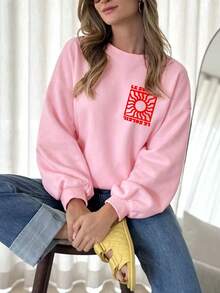 DrmWander Plus Size Casual Vacation Applique Letter Print Crew Neck Long Sleeve Sweatshirt - Pink - View 8