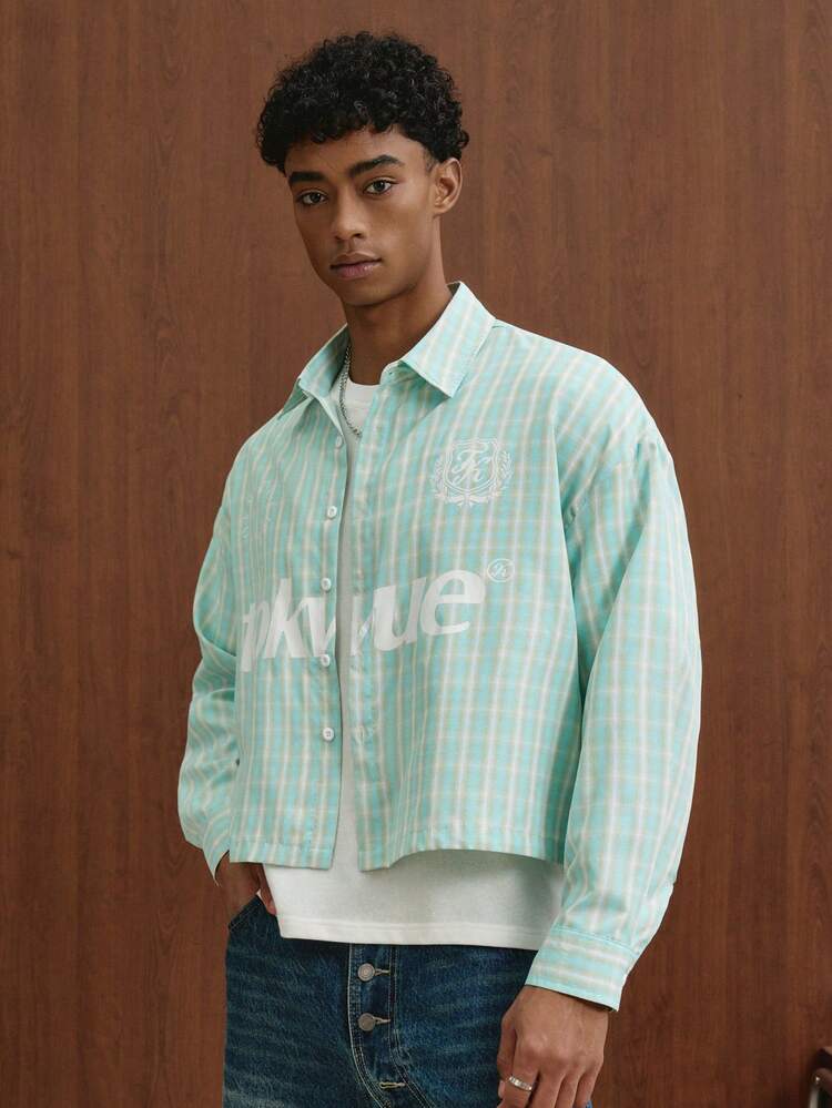 TOKVUE Men's American College Style Mint Plaid Print Long Sleeve Shirt, Fresh And Youthful, Vintage College Style, Korean Fresh Style, Japanese Casual Style, Daily Commute, Casual Wear, Holiday Gift - Green - View 5