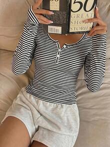 CovetEZ 春夏女款棉混紡粉色條紋半拉鍊T恤 - 黑與白 - 查看 6