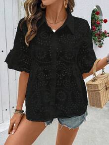 SHEIN Holidaya 女款素色百褶休閒百搭日常穿著襯衫 - 黑色 - 查看 4