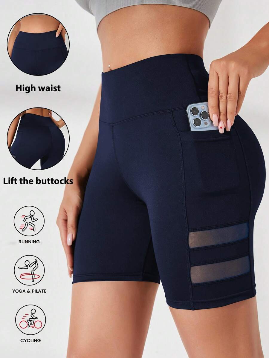 Dewbera Dewbera Mesh Patchwork High Waist Seamless Athletic Shorts (With Pockets) - Navy Blue - View 1