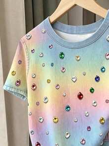 青少年女孩圓領彩色水鑽短袖T恤與短褲休閒日常套裝 - 彩色 - 查看 3