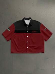 StoneGrade American Retro Cargo Colorblock Fashion Graphic Print Men's Standard Size Cropped Loose Fit Short Sleeve Shirt - Burgundy - View 1
