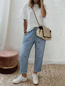 RIVANDRE Celana Panjang Wanita Kasual untuk Liburan dengan Motif Denim - Biru - View 5