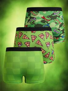 TEENAGE MUTANT NINJA TURTLES | SHEIN Tween Boy 3-Pack Digital Print Green Cute Adorable Boxer Briefs - Army Green - View 2
