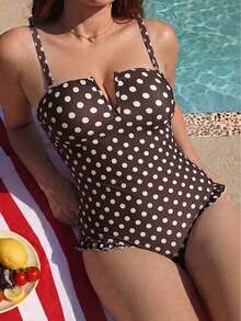 Swim Vcay 2026 جديد ربيع/صيف مقاس كبير قطعة واحدة أسود وأبيض بنقاط عشوائية طباعة حمالات كتف قابلة للفصل تصميم رقبة V مع كشكشة بدلة سباحة زخرفية مناسبة لعطلة الشاطئ - متعدد الألوان - مشاهدة 4