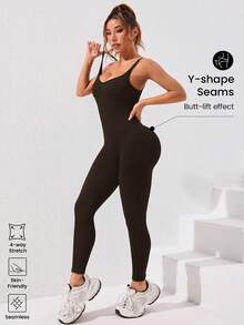 Easithlete Bộ jumpsuit thể thao ôm dáng ống loe màu trơn - Màu nâu Sô-cô-la - Xem 2