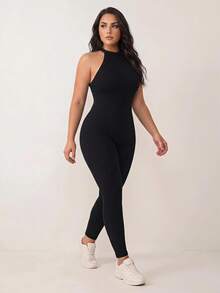 Rhythm Era Macacão Sem Costas Sem Mangas Sem Emendas de Cor Sólida Plus Size - Preto - Visão 3