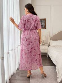 Modelyn Women's Elegant Romantic Pink Floral Print Chiffon Cross Neckline Ruffle Hem Design Plus Size Dress - Pink - View 2