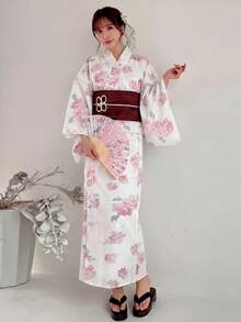 Irokai White,Summer,Jamican,Traditional,Vacation,Holiday Japanese Women's Floral Print Pink Yukata Kimono Style Robe,Modified Bowknot Festival Dress - Baby Pink - View 1