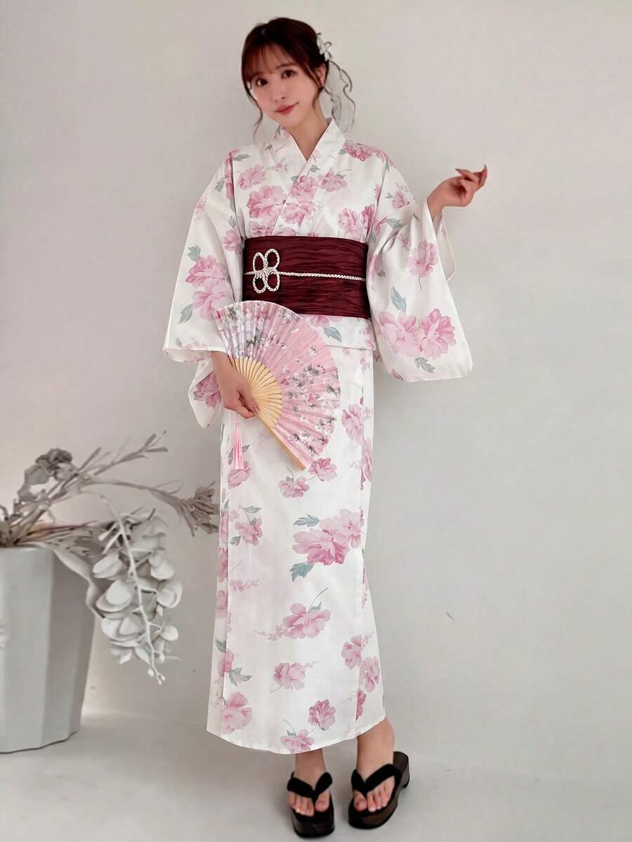 Irokai White,Summer,Jamican,Traditional,Vacation,Holiday Japanese Women's Floral Print Pink Yukata Kimono Style Robe,Modified Bowknot Festival Dress - Baby Pink - View 1