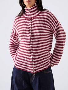 LYSMO Women's Striped Colorblock Zipper High Neck Long Sleeve Fashion Sweater - Multicolor - View 6