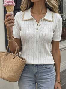 SHEIN PariChic 女款 Polo 領短袖休閒優雅通勤辦公早午餐針織上衣 白色夏季 - 白色 - 查看 6