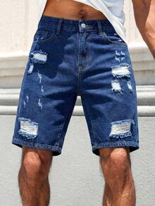 Manfinity Homme Men's Casual Ripped Straight Leg Blue Denim Shorts, Street Fashion For Spring/Summer - Dark Wash - View 3