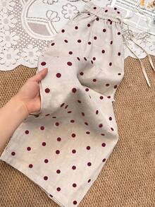 Franclia Women Beige Red Polka Dot Summer Wide Leg Pants Casual Elastic Waist Drawstring Linen Trousers Daily Wear - Burgundy - View 2