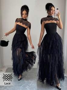 SHEIN Raffinéa 蕾絲立領網紗中長洋裝，黑色立領分層網紗洋裝，適合派對、約會、晚宴穿著 - 黑色 - 查看 5