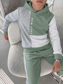 SHEIN 兒童青少年男孩服飾 男童連帽衫 男童運動長褲 配色連帽衫與運動長褲兩件套 適合通勤、上學、日常休閒、大學、旅行、運動 - 橄欖綠 - 查看 6