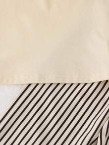 Souflis Souflis 2件組男孩夏季黑白休閒簡約風小馬刺繡圓領短袖T恤與條紋寬腿長褲套裝，寬鬆舒適，適合日常穿著、學校活動、戶外玩耍、家庭聚會、拍照拍攝 - 卡其色 - 查看 7
