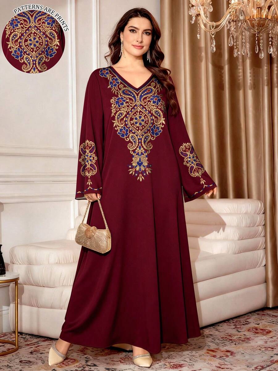 SHEIN Najma 女款經典花卉領口圖案印花紅色大尺碼洋裝,春秋時尚V領長袖寬鬆長版長裙,阿拉伯風格服飾 - 彩色 - 查看 1