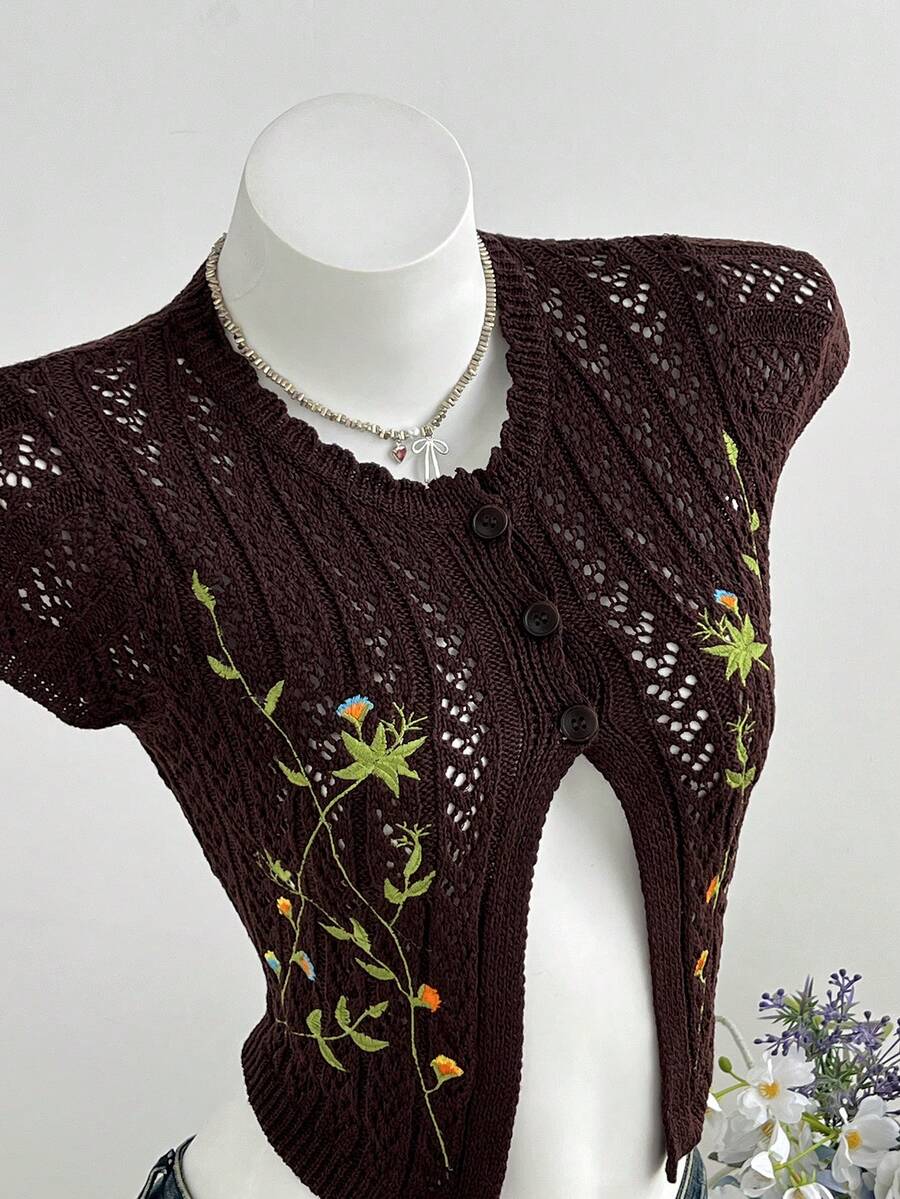 Elamini 女款鏤空花卉葉片刺繡鈕扣蕾絲百搭可愛精緻度假針織薄款開襟衫 - 棕色 - 查看 1