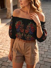 Hotletica Women's Off-Shoulder Ruffle Collar Short Sleeve Puff Sleeve Print Blouse, Loose Apricot Top, Slouchy, Casual Elegant Versatile For Daily Wear, Suitable For Western Theme Cruise, Festival Celebration, Beach Vacation, Music Festival, Bohemian Style Holiday, Back To School, Wedding, Teacher's Day, Mother's Day, All Seasons, Sexy Vacation For Beach Club, Havana Night, Beach Dinner And Other Occasions - Multicolor - View 4