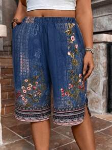 Breezaya Plus Size Blue Pocket Slit Hem Shorts Vacation Wedding Guest Summer Boho Bohemian - Blue - View 4