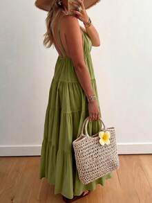 Vaclyn Women's Casual Vacation Metal Decor Pleated Ruffle Hem Cami Dress - Green - View 2