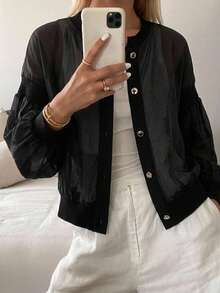 FRIFUL Women's Spring/Summer Solid Color Metal Button Decor Loose Casual Versatile Jacket - Black - View 7