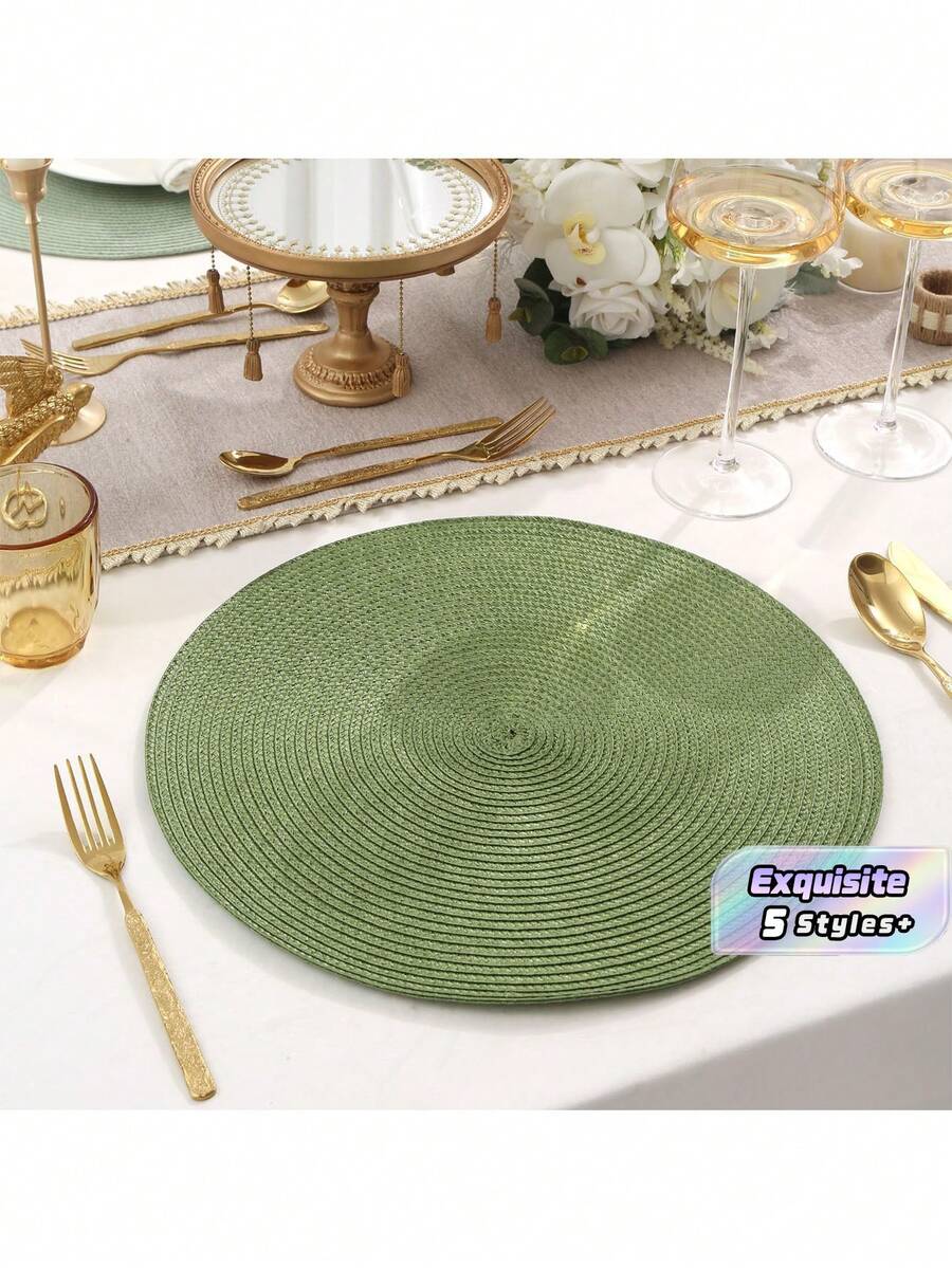 編織圓形餐墊 4 件/6 件組,可水洗防滑編織餐墊,15 英吋,適合家庭聚會、婚禮派對(綠色) - 軍綠色 - 查看 1