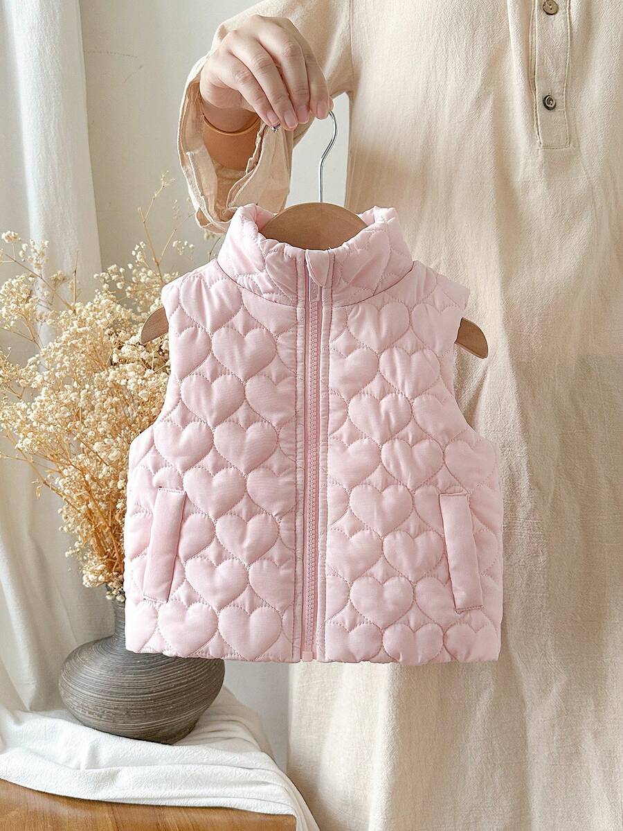 SHEIN 女嬰款羽絨夾克 秋冬休閒可愛時尚戶外穿著 卡其米色圖案加厚外套 - 粉色 - 查看 1