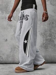 STYNVO Pantalones de chándal casuales versátiles de uso diario con cintura con cordón y patrón de letras para hombre - Gris - Ver 4