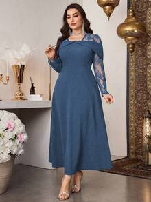 Modelyn Elegant Solid Color Contrast Lace Long Sleeve Cinched Waist A-Line Regular Fit Plus Size Dress For Spring And Autumn - Blue - View 3