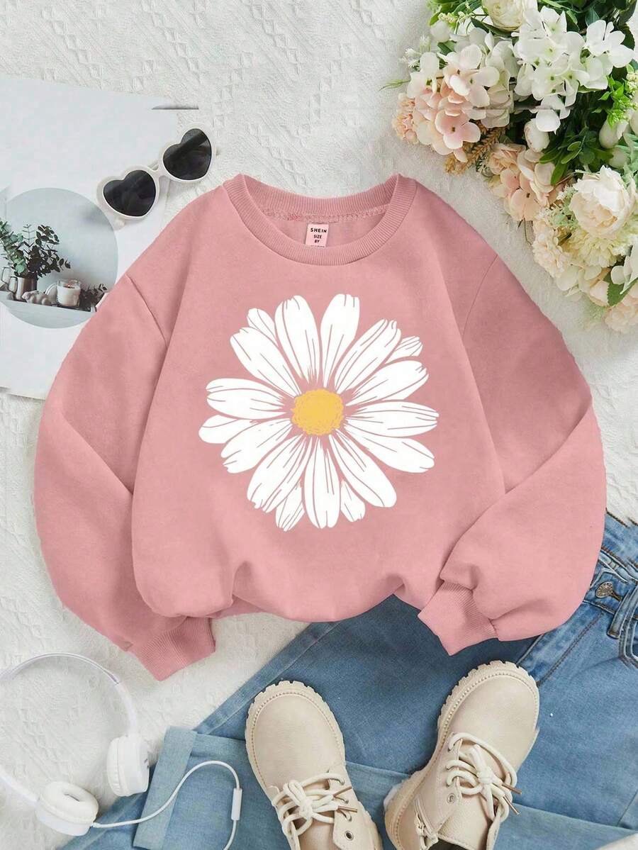 SHEIN Young Girls Casual Loose Fit Crew Neck Comfy Knit Long Sleeve Thickened Sweatshirt, Suitable For Autumn/Winter - Pink - View 1