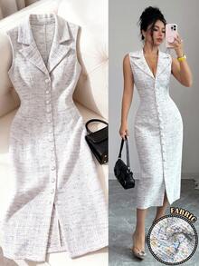 Selianne Standard Size Elegant Women's Tweed Deep V-Neck Sleeveless Lapel Collar Slim Fit Mature Commute Business Casual Semi-Formal Wedding Guest Company Annual Meeting Small Evening Party Elegant Date Afternoon Tea Best Friend Gathering Exhibition Visit Spring Autumn Daily Street Wear Light Travel New Dress - Multicolor - View 3