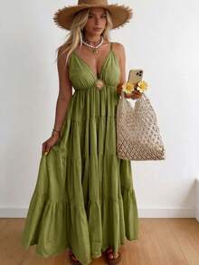 Vaclyn Women's Casual Vacation Metal Decor Pleated Ruffle Hem Cami Dress - Green - View 4