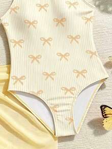 SHEIN Tween Girls Cute Bow Tie Print Shoulder Strap Floral Trim One-Piece Swimsuit With Ruffle Skirt, Suitable For Swimming, Vacation, Summer Beach - Yellow - View 6