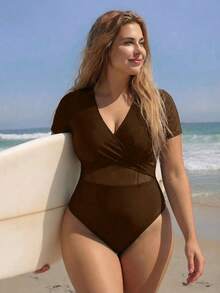 Swim SPRTY 2026 New Plus Size Solid Color Short Sleeve Criss-Cross Mesh Patchwork One-Piece Swimsuit, Fashionable Sporty Mature Vacation Minimalist Everyday One-Piece Swimsuit - Khaki - View 1
