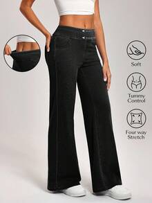 SHEIN PETITE Celana Jeans Wanita Kasual Model Lurus Longgar dengan Motif Cuci, Ukuran Petite Wanita - Grey - View 5