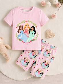 SHEIN 【随机4套，送1套】惊喜盒子！！！！30%概率获得2套！！女童睡衣，春夏新款时尚可爱卡通韩流女团印花，针织紧身弹力短袖短裤两件套睡衣（随机发货）短袖睡衣套装，夏季薄针织面料，舒适紧身圆领T恤和短裤睡衣套装 - 粉色 - 查看 7