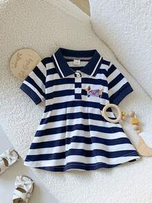SHEIN Playful Pals 女嬰學院風平領袖口前開鈕扣收腰條紋針織洋裝，夏季 - 藏蓝色 - 查看 3