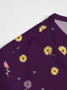 PopScrub Daisy Pattern Nurse Scrub Top, Spring/Summer Fashion V-Neck Short Sleeve Double Pocket Design Side Slit Workwear, Cute Women's Scrub Top, Scrub - Multicolor - View 3