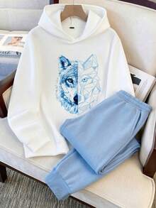 SHEIN 兒童青少年男孩休閒街頭風動物圖案狼圖案酷感連帽衛衣與藍色運動長褲套裝，適合通勤、上學、日常休閒外出、運動，秋冬款 - 藍色 - 查看 2