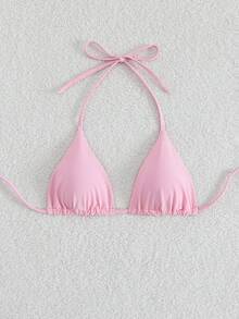 Elavelle Women's Solid Color Halter Neck Tie Front Sexy Bikini Top For Summer Beach Vacation - Baby Pink - View 4