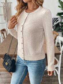 EMERY ROSE Women Casual Solid Color Long Sleeve Cardigan, Versatile Fall Winter Cloth For Women - Apricot - View 5