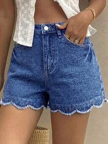 SHEIN Shorts vaqueros de verano informales con adorno de concha para niñas preadolescentes - Azul lavado oscuro - Ver 5