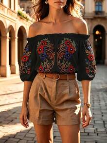 Hotletica Women's Off-Shoulder Ruffle Collar Short Sleeve Puff Sleeve Print Blouse, Loose Apricot Top, Slouchy, Casual Elegant Versatile For Daily Wear, Suitable For Western Theme Cruise, Festival Celebration, Beach Vacation, Music Festival, Bohemian Style Holiday, Back To School, Wedding, Teacher's Day, Mother's Day, All Seasons, Sexy Vacation For Beach Club, Havana Night, Beach Dinner And Other Occasions - Multicolor - View 5