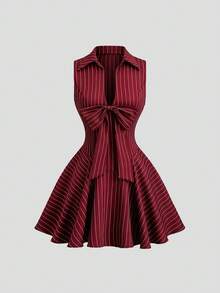 Sweetra Spring/Summer New Black Striped Custom Bow Sleeveless Dress, Slimming Little Black Dress, Office Mature Style, Striped Dress With 3D Waist And Full Skirt, Fashionable Versatile - Burgundy - View 1