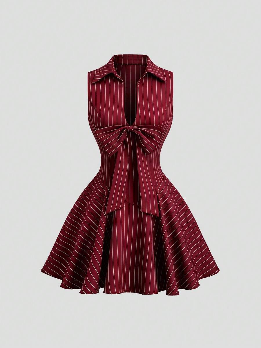 Sweetra Spring/Summer New Black Striped Custom Bow Sleeveless Dress, Slimming Little Black Dress, Office Mature Style, Striped Dress With 3D Waist And Full Skirt, Fashionable Versatile - Burgundy - View 1