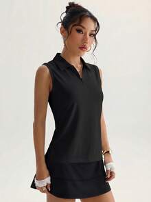 CourtClass CourtClass 女款運動瑜珈戶外健身 Polo 衫，有領、無袖、半拉鍊、開衩下擺 - 黑色 - 查看 2
