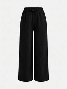 SHEIN Comfortable Long Black Pants For Tween Girls Designed Everyday Wear Wide Leg Loose Baggy Teen Fall Winter - Black - View 4